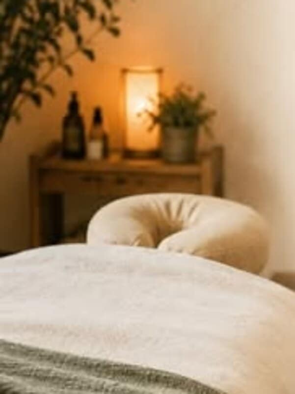 Treatment room at Sol Sister with a dressed massage table, macrame wall hanging, plants and warm lamp light